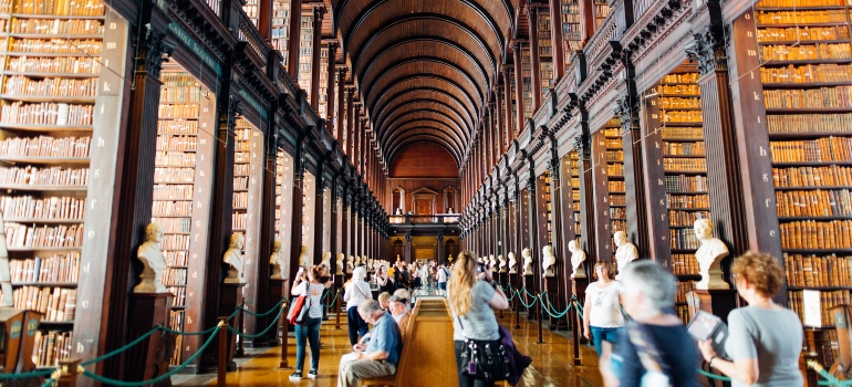 Students in an enormous library