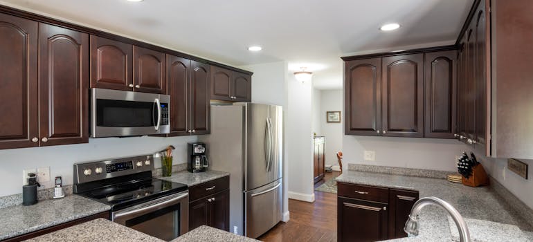 a modern kitchen with a large countertop