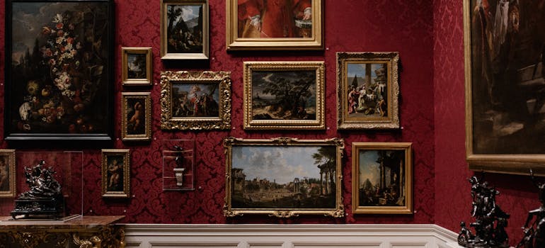 a collection of paintings with luxurious frames