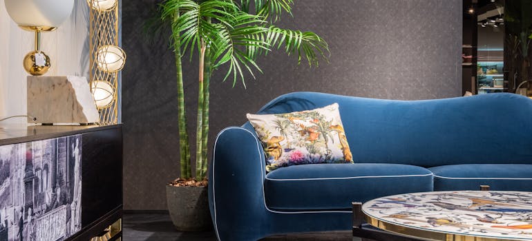 a living room with a blue velvet sofa and a large potted plant