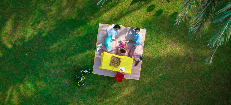 Bird's-eye view of a family enjoying a picnic on a vibrant green lawn, showcasing why Costa Mesa locals decide to move to Santa Ana for family-friendly living.