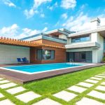 a modern house with a swimming pool and a cool lawn